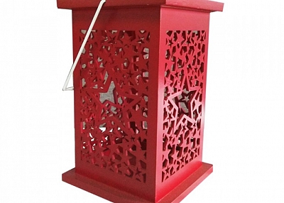 Red Wooden Candle Holder Lantern With Stars